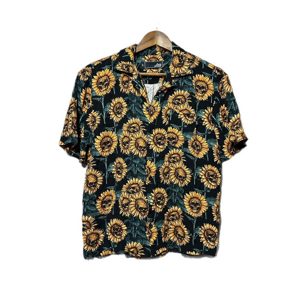 Lost Sunflower Skull Shirt Mens Small Black Yellow Short Sleeve Viscose‎